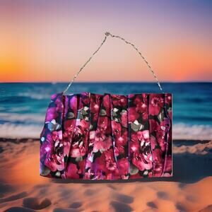 White House Black Market Rose Ruffle Flower Pink Evening Bag Clutch Purse Chain